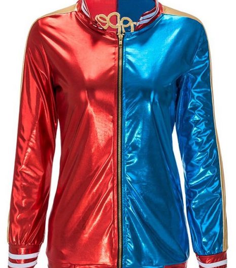 Embroidery Faux Leather Bomber Jacket with Briefs Blue And Red