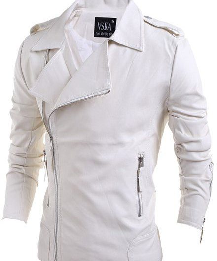 Zipper PU-Leather Turn-Down Collar Long Sleeve Men's Jacket White