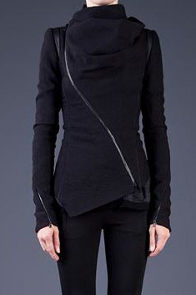Stylish Cowl Neck Long Sleeve Zippered Leather Trim Jacket For Women Black