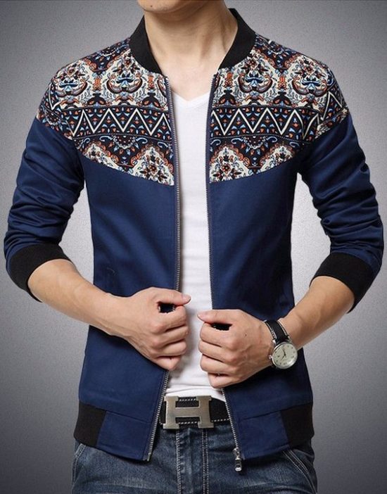 Stand Collar Ethnic Style Print Rib Spliced Zip-Up Jacket