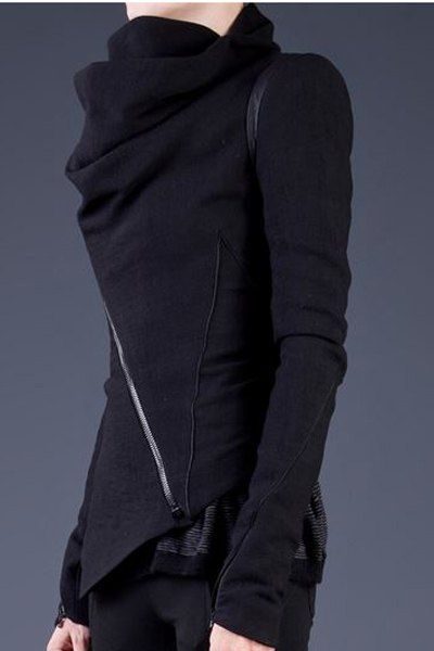 Stylish Cowl Neck Long Sleeve Zippered Leather Trim Jacket For Women Black