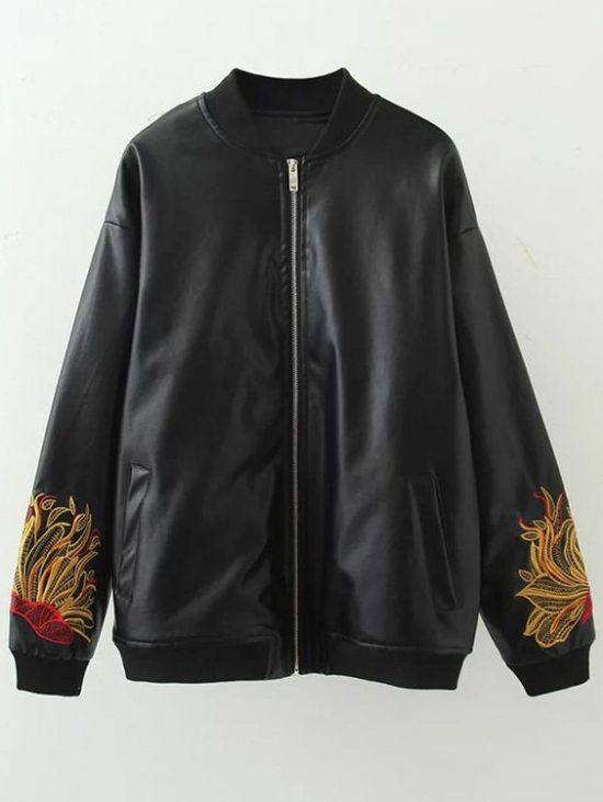 Plus Size Embroidered PU Leather Bomber Jacket Black