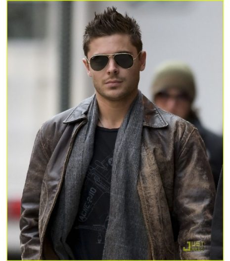 Zac Efron wearing leather jacket on the set of 'New Years